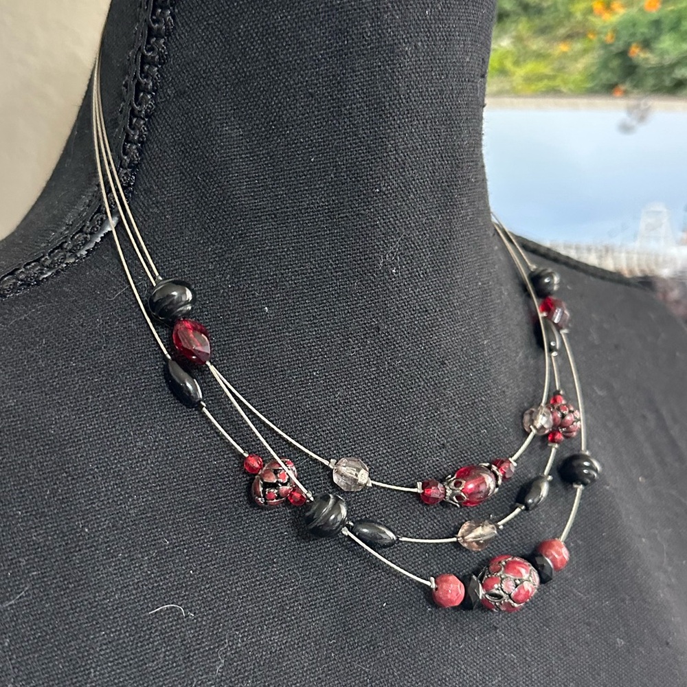 Layered Fancy Red and Black Bead Necklace 19”